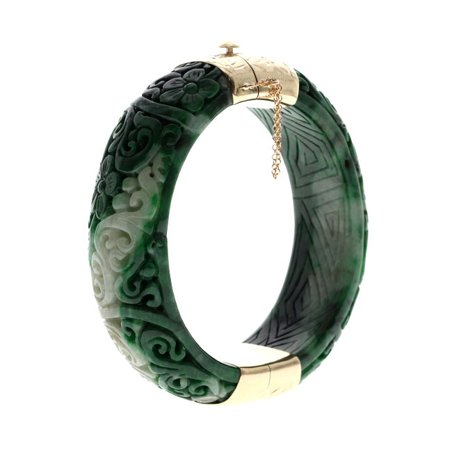 14K Green Jadeite Carved 2 Section Bangle